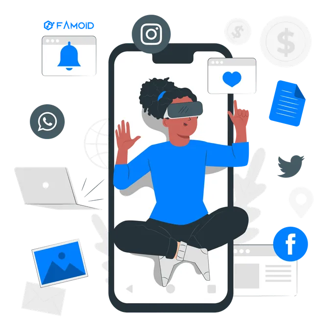 Illustration of a person surrounded by social media icons, with the Famoid logo