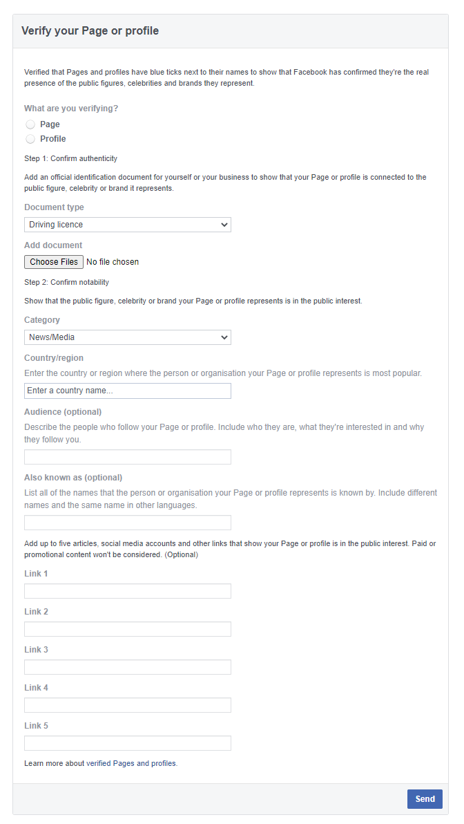 Facebook page verification form