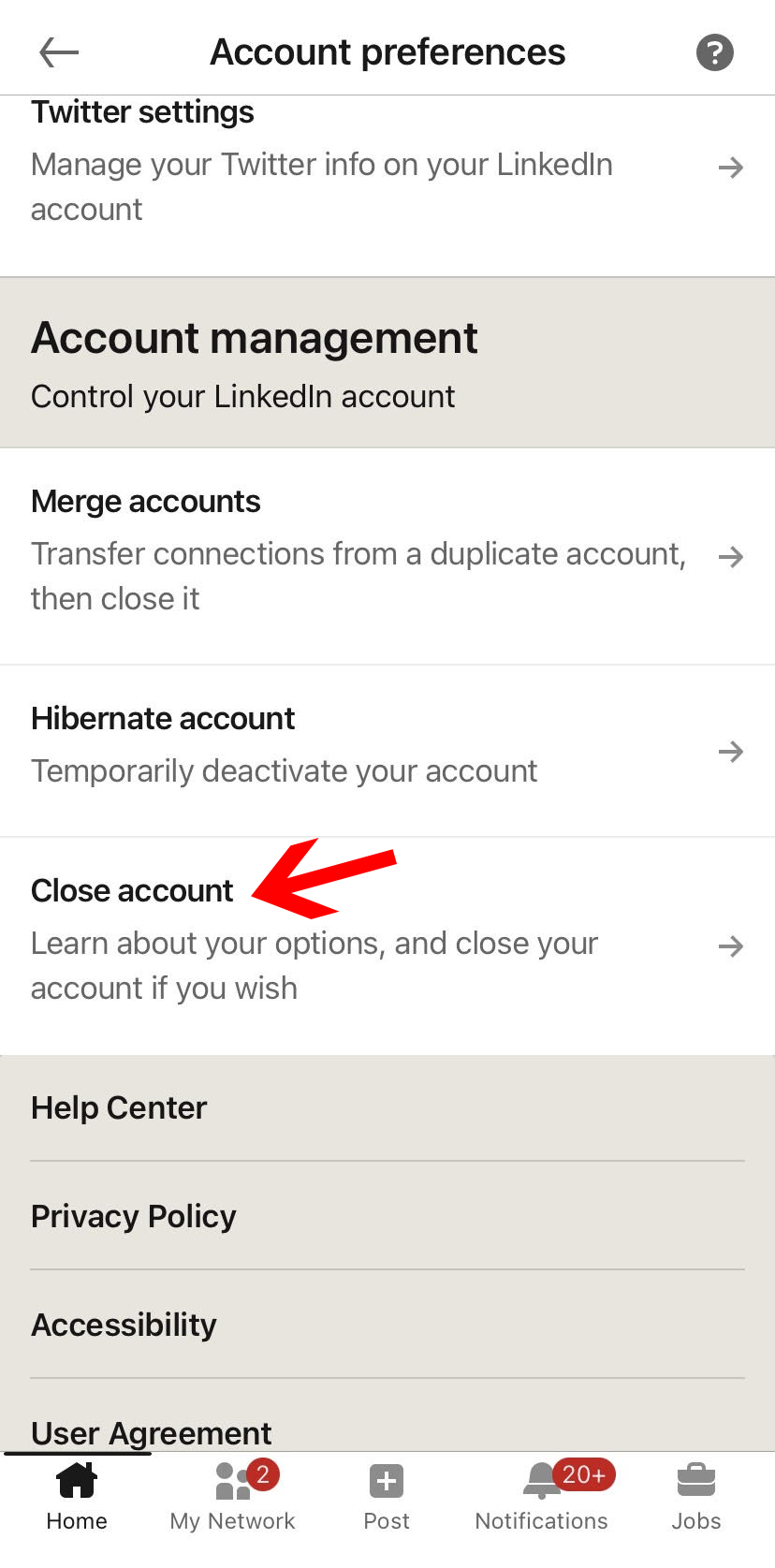 Close linkedin account using linkedin mobile app